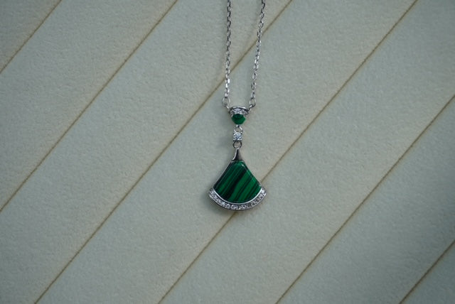 Refined silver chain with malachite and zircons